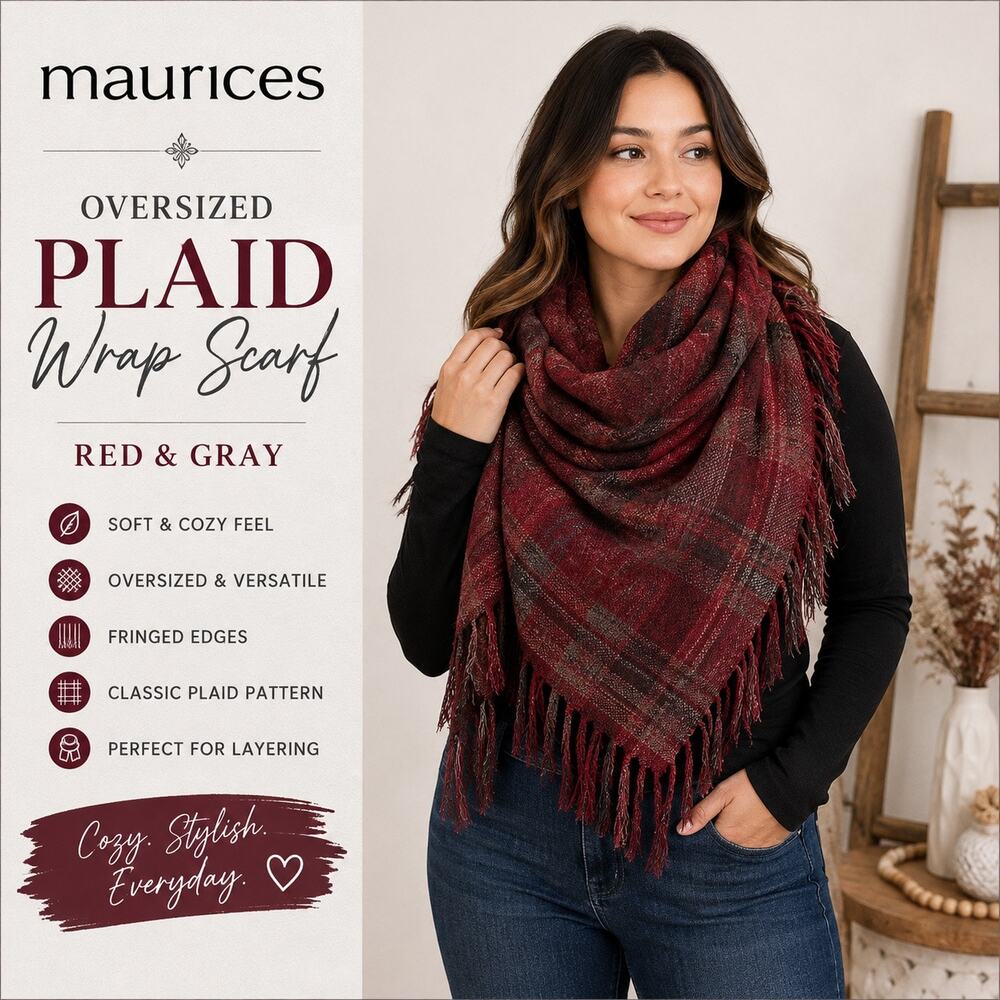 Maurices Womens Scarf Plaid Oversized Soft Fringed Wrap Red Gray